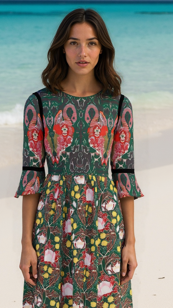Green / Multi Print Flamingo Maxi Dress