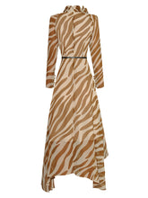 Load image into Gallery viewer, Zebra Print Stand Collar Lace-up Midi Dress with belt - Comes in Black or Tan