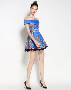 Comino Couture Bardot Blue Skater Vintage Dress
