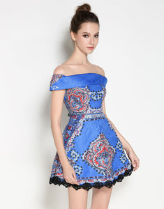 Comino Couture Bardot Blue Skater Vintage Dress