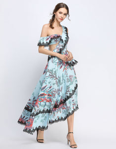 Blue Floral Off-The Shoulder Lace Cascade Dress