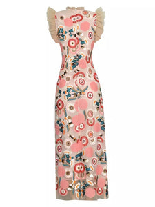 Flowers and circles embroidery maxi dress
