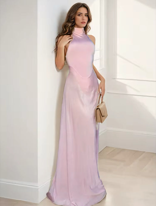 Baby Pink Satin Gauze with High Collar A line Dress
