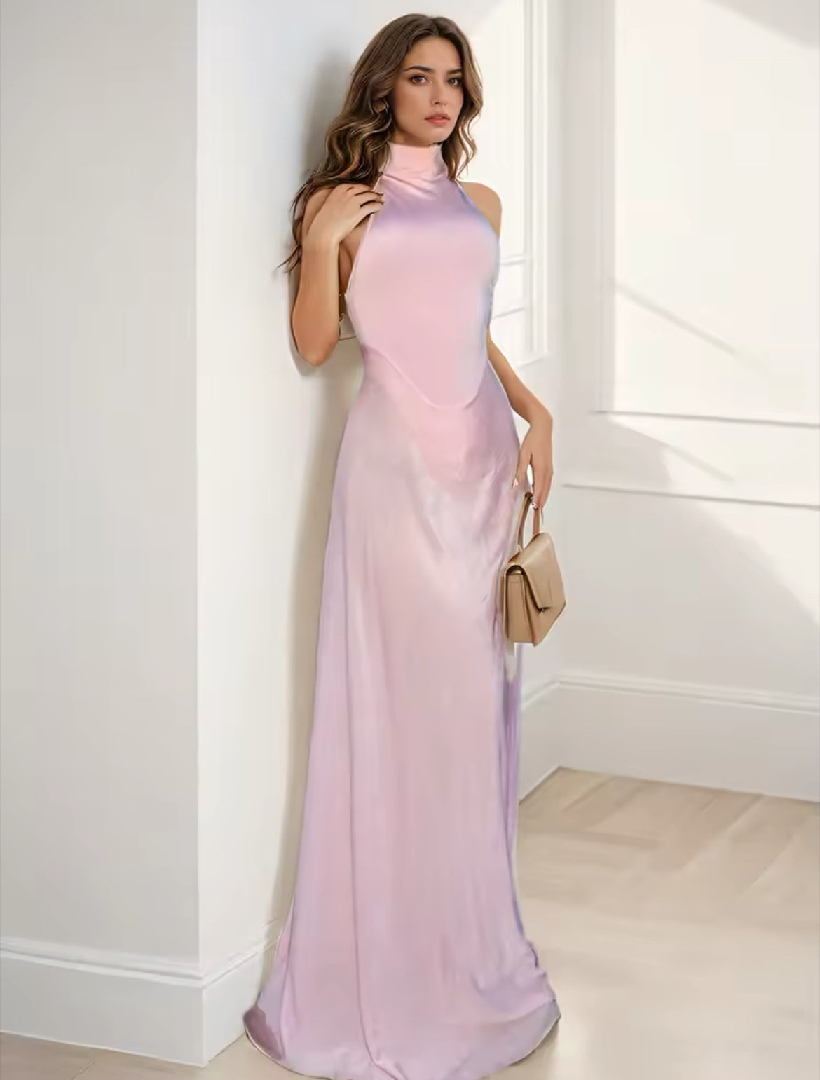 Baby Pink Satin Gauze with High Collar A line Dress