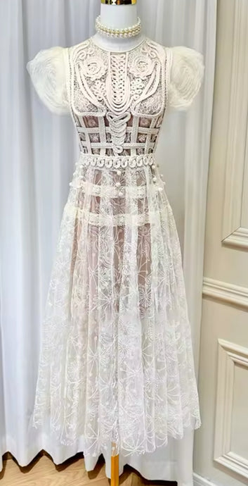 Flower Heavy Embroidery Lace Midi Dress - comes in yellow and white