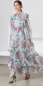 Muted Flower meadow tiered maxi dress
