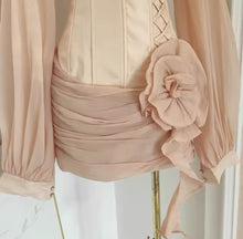 Load image into Gallery viewer, Apricot Cinched Waist Floral Appliqué panelled Mini Dress