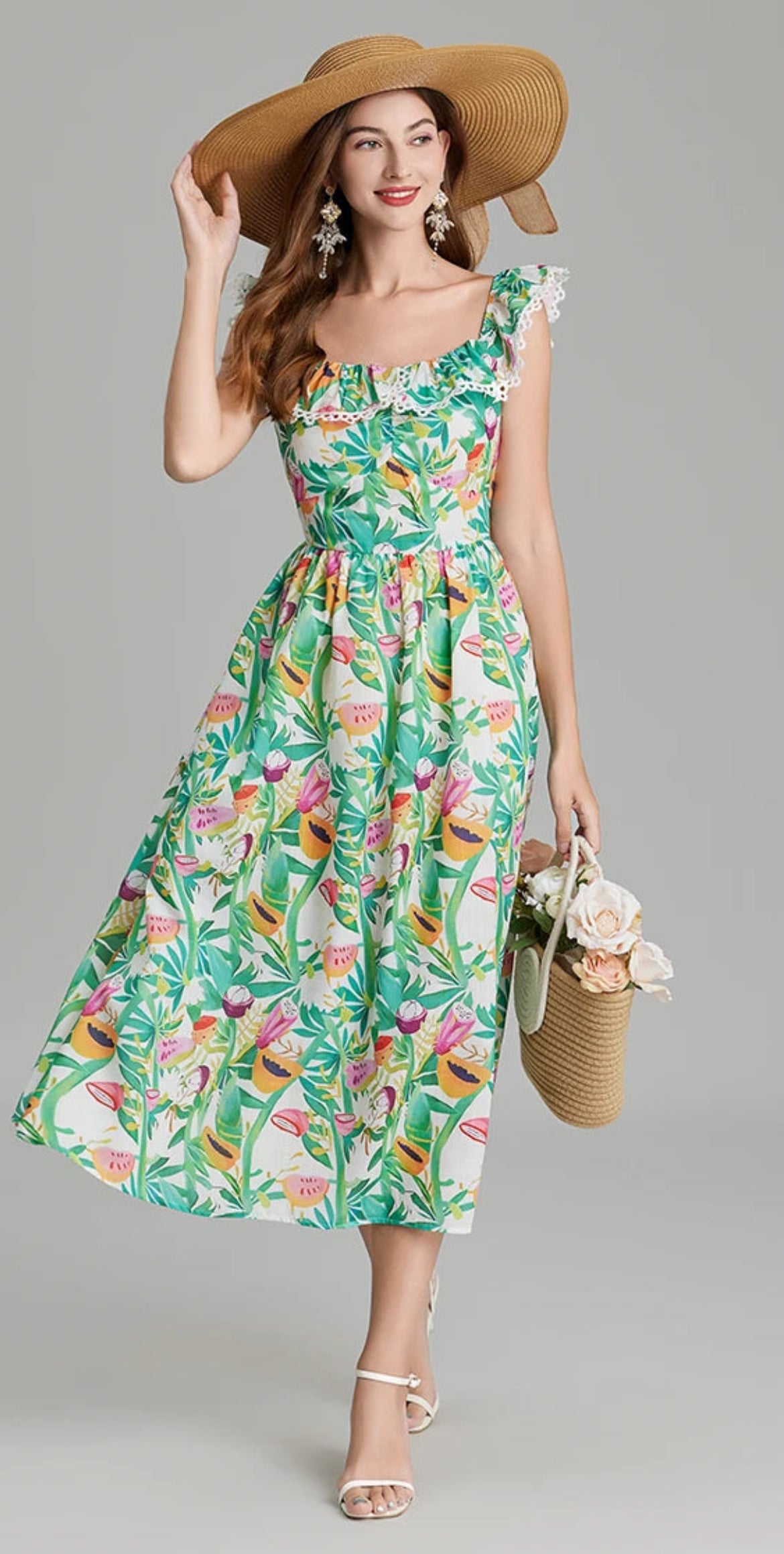 Tropical Off The Shoulder Midi Dress