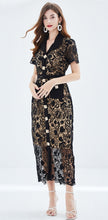 Load image into Gallery viewer, Black lace embroidery dress with gold buttons