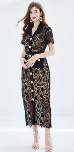 Black lace embroidery dress with gold buttons