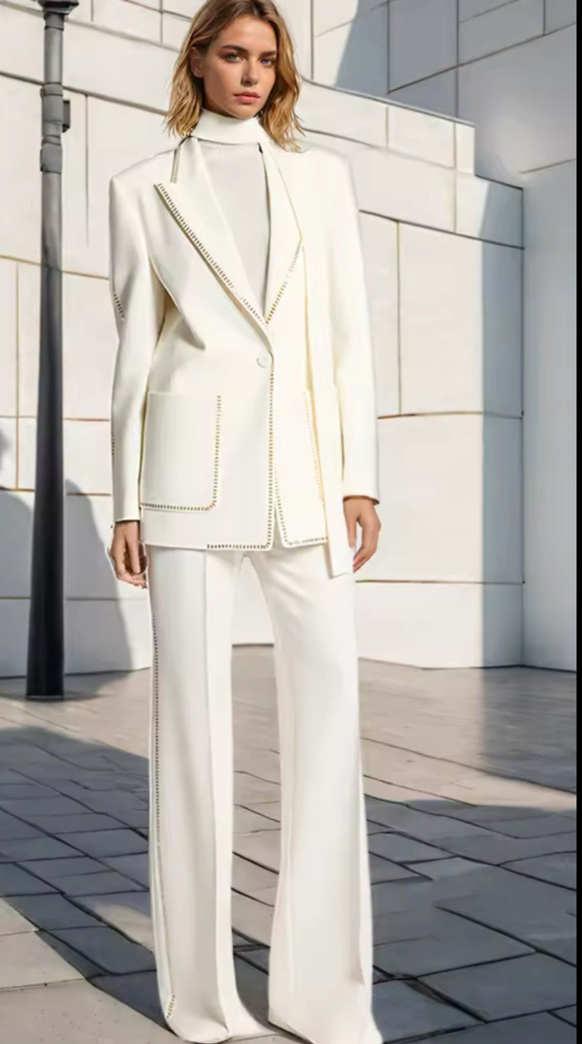 Staple White Blazer & High Waisted Wide Trouser Suit with Neck Tie