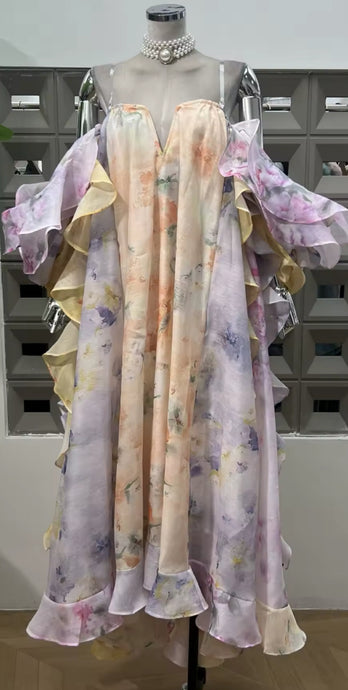 Heavenly Pastel Oversized Ruffle Backless Maxi Dress