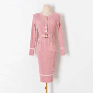 Knitted “B” dress with belt - comes in black, white, tan and pink