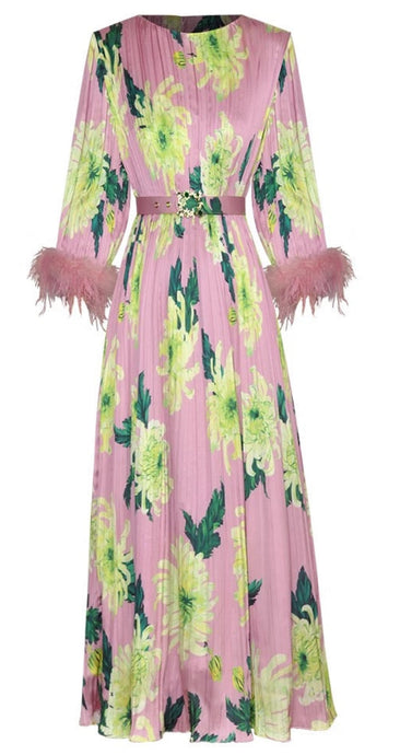 Tassel Pink floral Printed Pleated Dress with belt