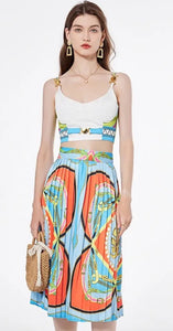 Bra Spaghetti Strap Crop Top + Pleated Midi Skirt - comes in Four colours