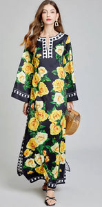 Rose Flower Printed Loose Maxi Dress - comes in yellow & Black