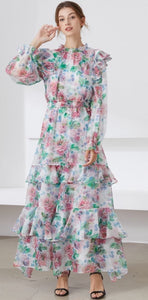 Muted Flower meadow tiered maxi dress