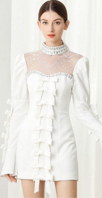 Crystal Clear Long Sleeve Bow Mini Dress