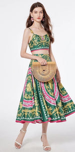Bra Spaghetti Strap Crop Top + Pleated Midi Skirt - comes in Four colours