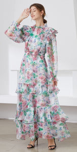 Muted Flower meadow tiered maxi dress