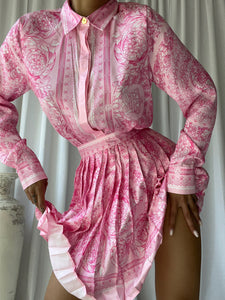 Pinky Cotton Geometric Shirt and Pleated Mini Skirt