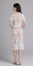 Load image into Gallery viewer, Chic Embroidery &amp; Lace Midi Dress with Diamanté Bow - comes in pink or white