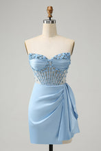 Load image into Gallery viewer, All Sparkles Baby Blue Sweetheart Corset Mini Dress with Embellishment - comes in curve