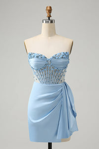 All Sparkles Baby Blue Sweetheart Corset Mini Dress with Embellishment - comes in curve