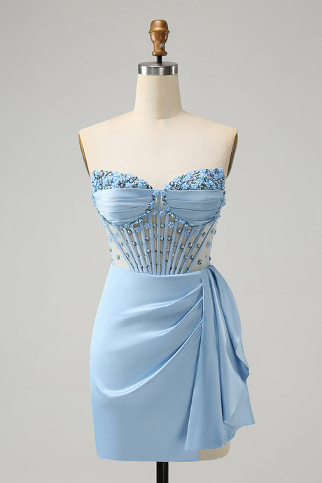All Sparkles Baby Blue Sweetheart Corset Mini Dress with Embellishment - comes in curve