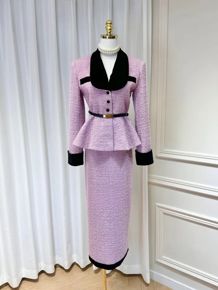 SUSIE COLLECTION Velvet Tweed Lotus Leaf Blazer with a High Waisted Split Skirt with belt