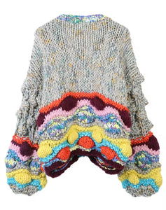 Grey Chunky Color Block Heavy Knit Cardigan