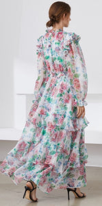 Muted Flower meadow tiered maxi dress
