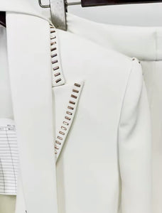 Staple White Blazer & High Waisted Wide Trouser Suit with Neck Tie