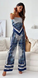 Satin Print Two Piece Set - comes in blue, light blue, green and grey