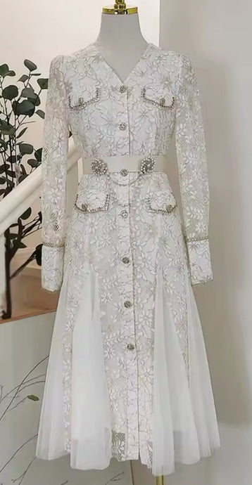 French Lace Splicing Mesh Fishtail MIDI Dress With Diamontee/ Pearl Chain Belt