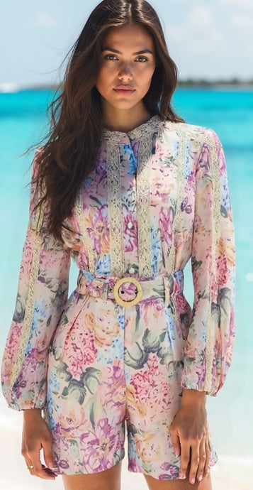Beautiful Vintage Floral Print  Shirt & Shorts with Belt