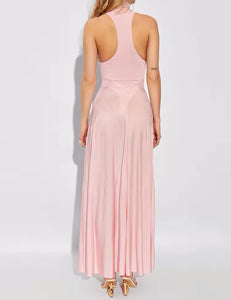 Baby Pink Satin Gauze with High Collar A line Dress