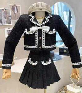 Black and White Tweed Suit with Detachable Bow