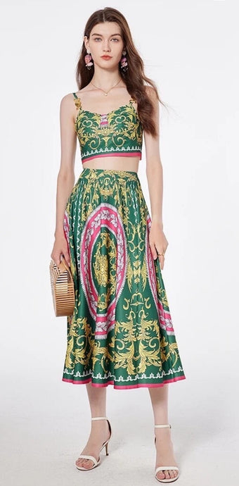 Bra Spaghetti Strap Crop Top + Pleated Midi Skirt - comes in Four colours