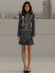 Metallic tweed two piece set with diamante brooch and pearls
