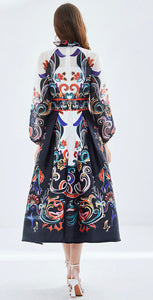 Silk Organza Lantern Sleeve Stand Collar Midi Dress
