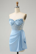 Load image into Gallery viewer, All Sparkles Baby Blue Sweetheart Corset Mini Dress with Embellishment - comes in curve