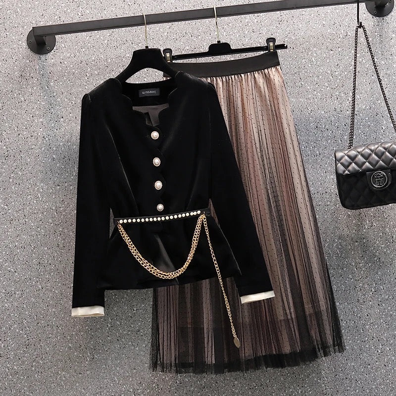Velvet Chic Suit - jacket, elasticated skirt and belt