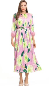 Tassel Pink floral Printed Pleated Dress with belt