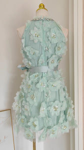 Minty 3D Mesh Flowers, Beads, Rhinestones & Sequined Mini Dress with Belt