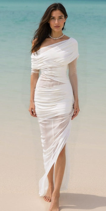 Elegant Off-Shoulder White Dress with ruched Detailing