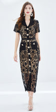 Load image into Gallery viewer, Black lace embroidery dress with gold buttons