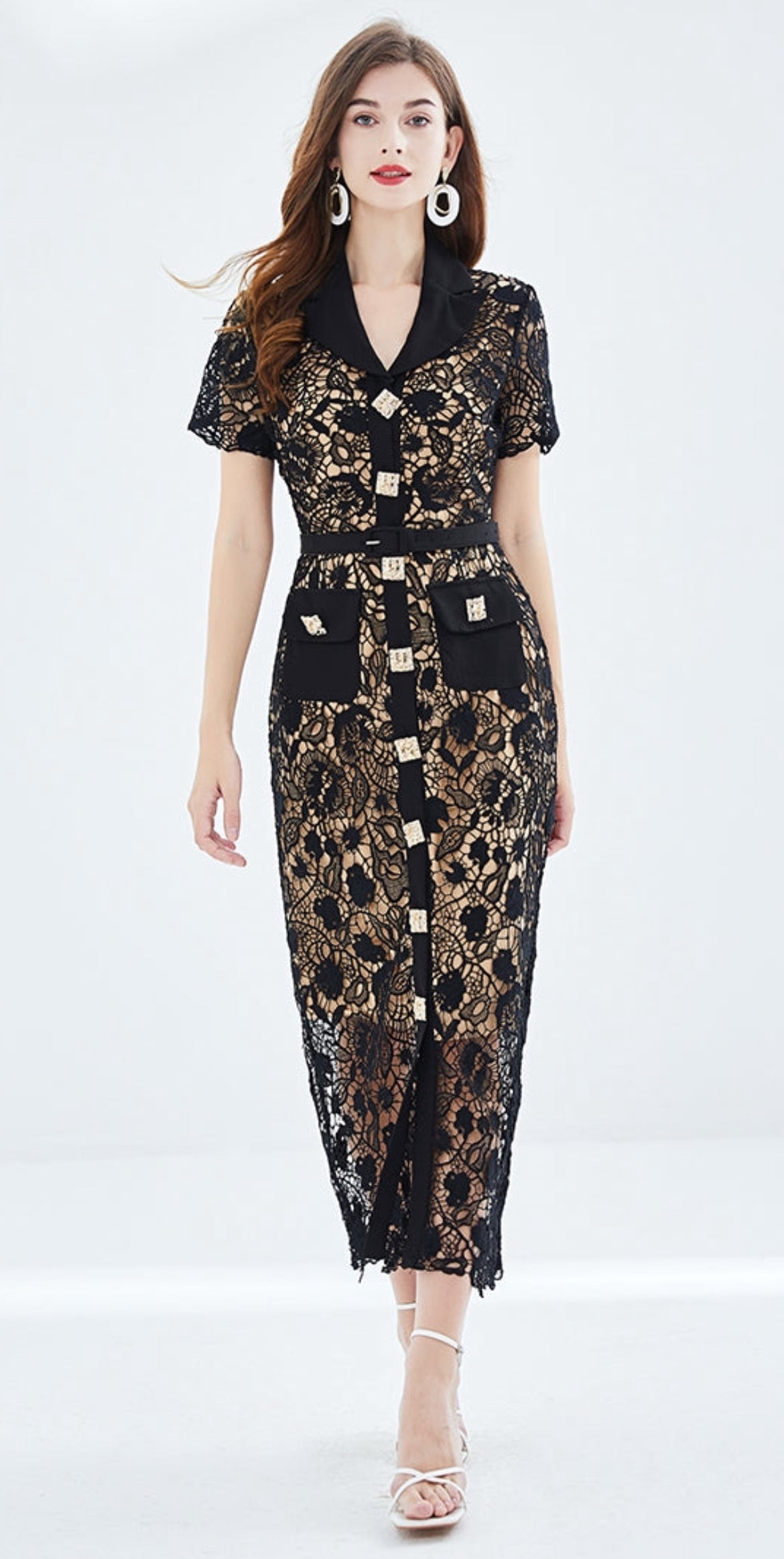 Black lace embroidery dress with gold buttons