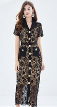 Load image into Gallery viewer, Black lace embroidery dress with gold buttons