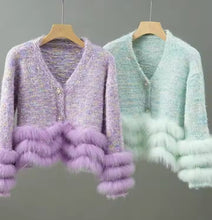 Load image into Gallery viewer, Pastel Faux Fur &amp; Feathers Knitted Jacket Cardigan - comes in Lavender &amp; Mint